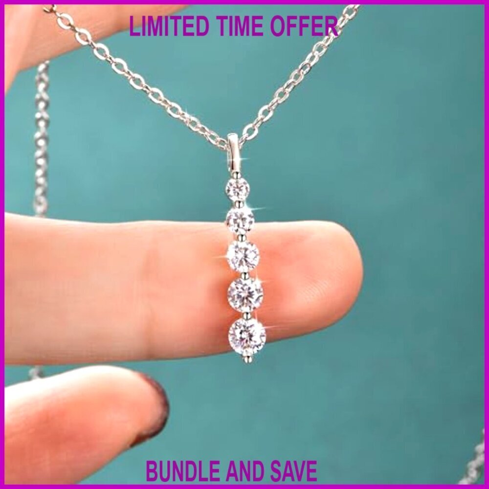 0.92 CT Moissanite 5-Stone Pendant Necklace, 14K Gold Filled, Adjustable Chain - Picture 4 of 7
